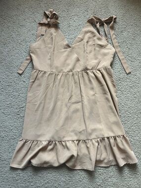 Tan Tie Strap Ruffle Hem Mini Dress